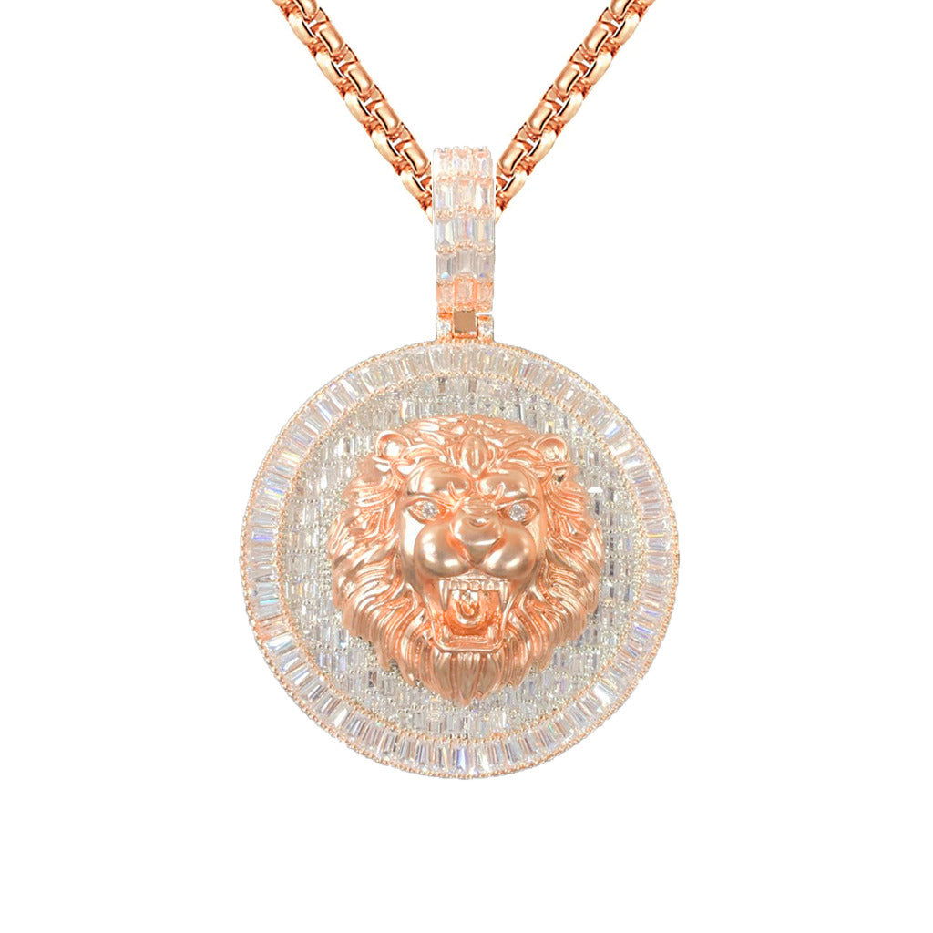 14K Rose Gold Tone 3D Lion Roaring Baguette Mens Pendant - Master of Bling